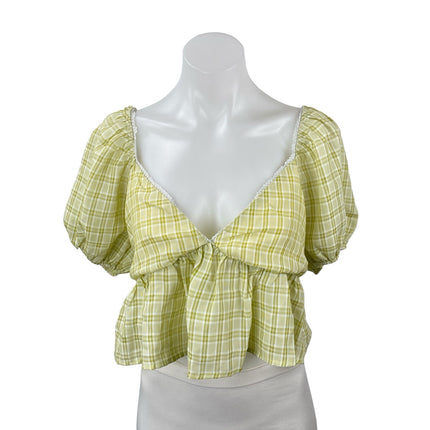 Blue Blush Women's Yellow Plaid Check Deep V Neck Puff Sleeve Crop Blouse Top M