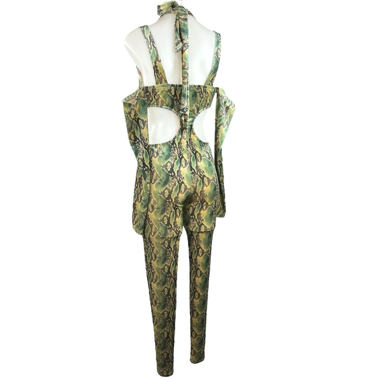 Fashion Nova Green Sterling Velvet Snake Skin Cold Shoulder Halter Jumpsuit XS