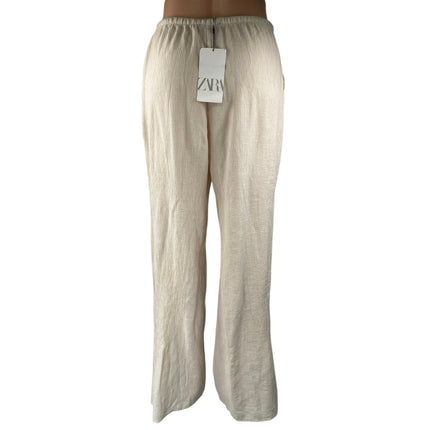 NEW Zara Beige Crinkled Textured Wide Leg High Waist Trousers Lounge Pants Sz S