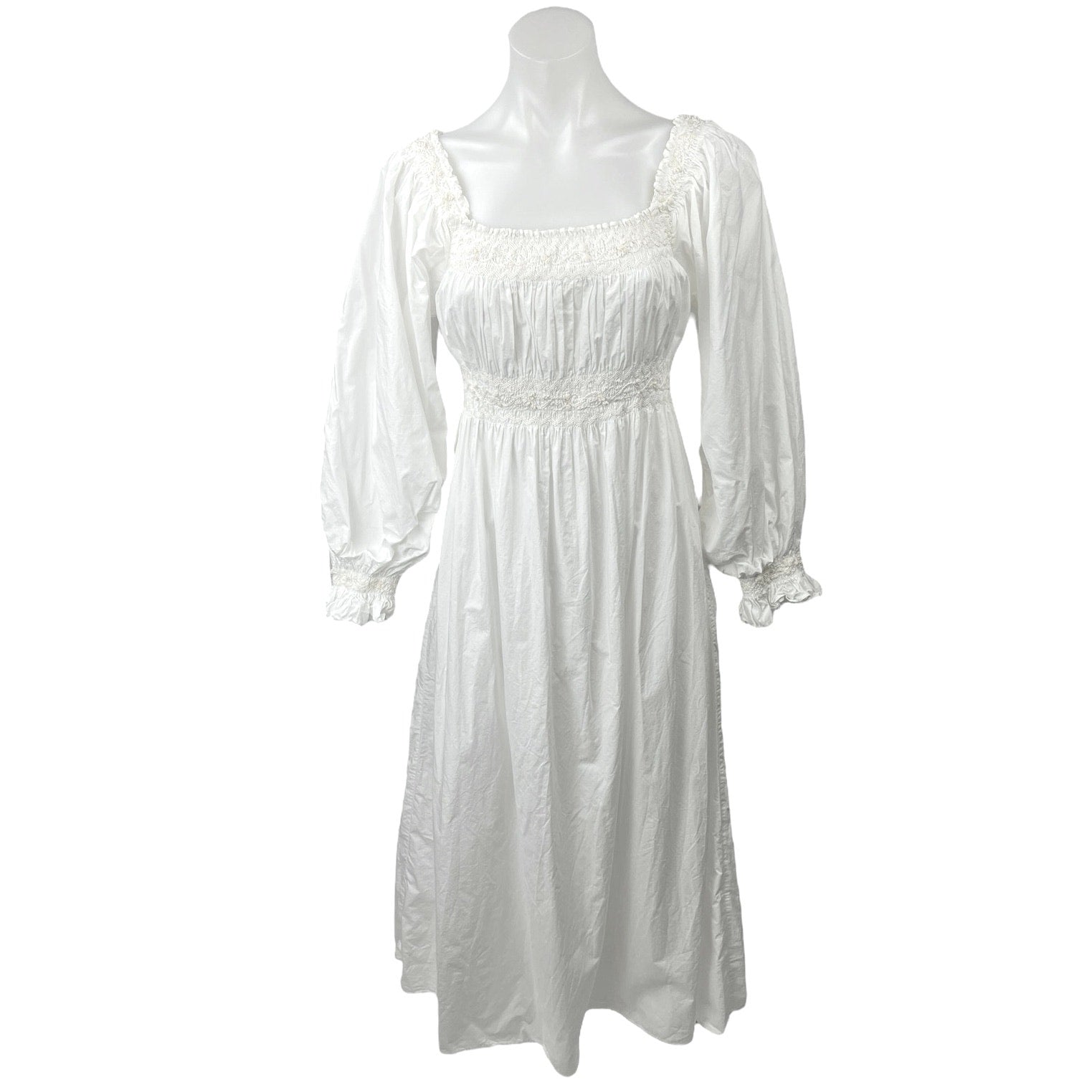 Doen White Smocked Square Neck Puff Balloon Long Sleeve Midi A-Line Dr Brie Doen White Smocked Square Neck Puff Balloon Long Sleeve Midi A-Line Dr Brie