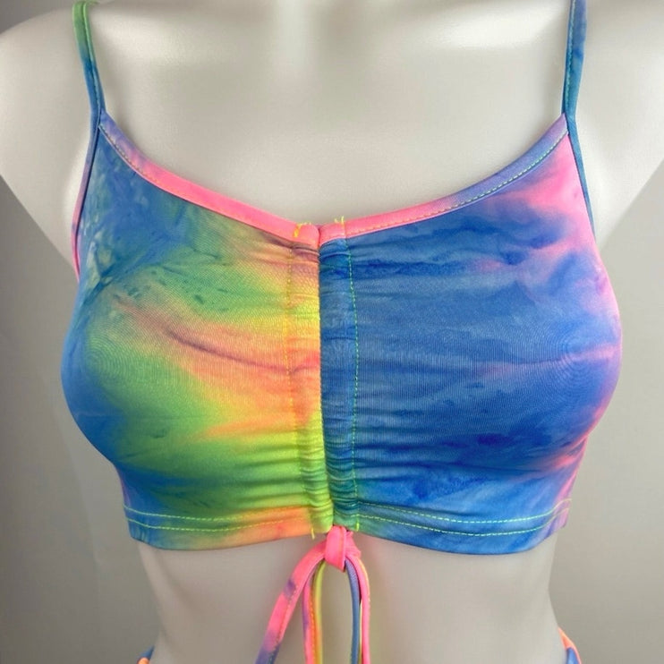 2 Piece Outfit Rainbow Tie-Dye Bodycon Spaghetti Strap Crop Top Mini Skirt Set S