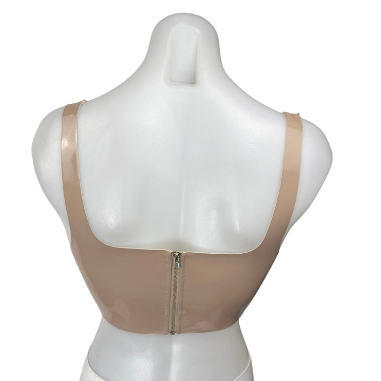 Meshki Tan Beige Khaki Patent Faux Leather Vegan Sleeveless Tank Crop Top Sz XS