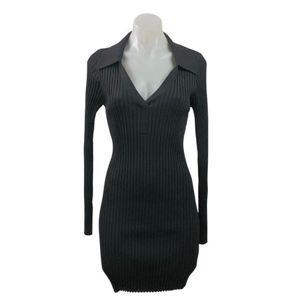 Solid & Striped Black Long Sleeve V Neck Ribbed Knit Mini Bodycon Dress Size M