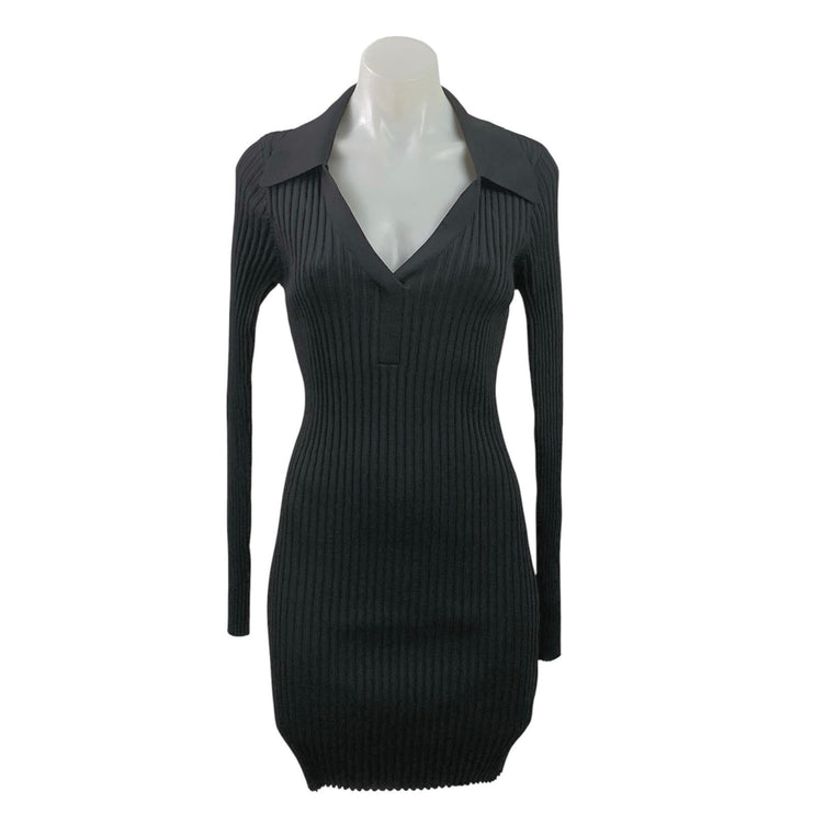 Solid & Striped Black Long Sleeve V Neck Ribbed Knit Mini Bodycon Dress Size M