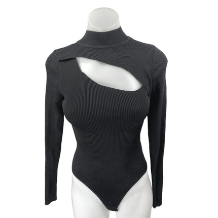 Princess Polly Black Long Sleeve Cutout Ribbed Knit Mock Neck Bodysuit Top S/M