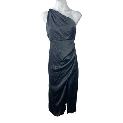 Anthropologie Black Silk Satin One Shoulder Slit Ruched Midi Sheath Dress Size 2