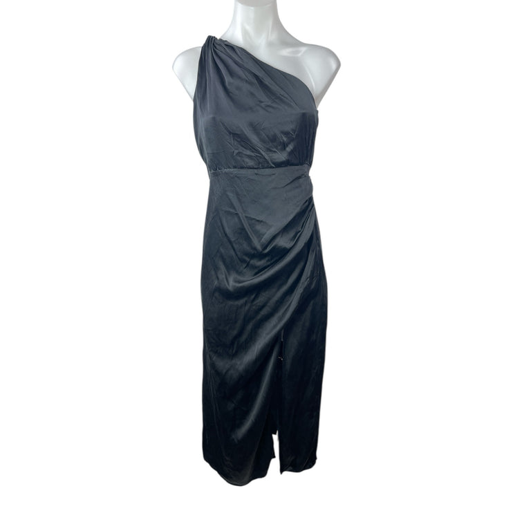 Anthropologie Black Silk Satin One Shoulder Slit Ruched Midi Sheath Dress Size 2