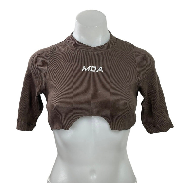 Me Dic Al Women's Brown Ribbed Knit Short Sleeve Moto Biker Crop Top Size XS