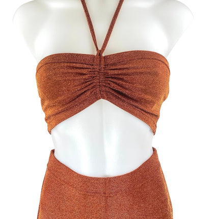 Beginning Boutique Stassie Brown Metallic Glitter Halter Top Flare Pants Set 8