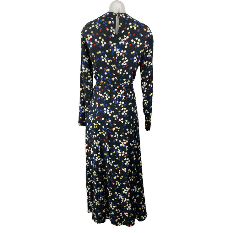 Zara Black Multicolor Dots Spotted Long Sleeve Tie Waist A Line Maxi Dress Sz S