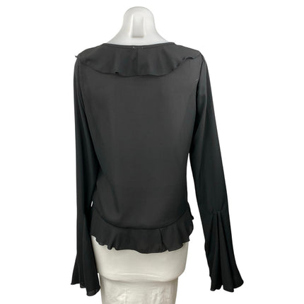 Commense Women's Black V-Neck Ruffles Long Bell Sleeve Crop Blouse Top Size M