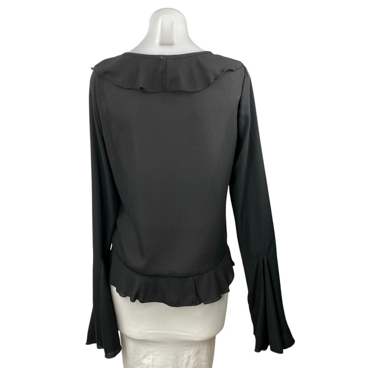 Commense Women's Black V-Neck Ruffles Long Bell Sleeve Crop Blouse Top Size M