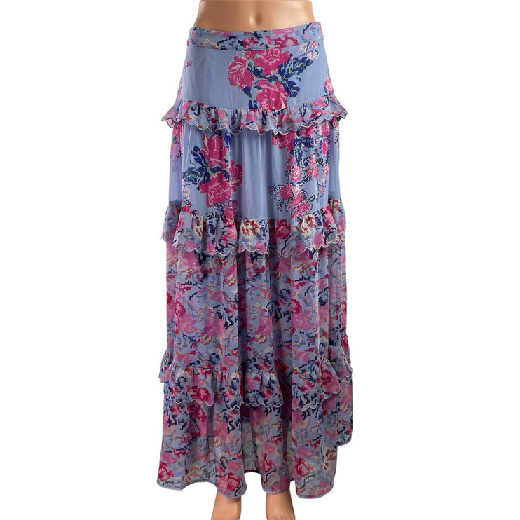 House of Harlow 1960 Purple Pink Floral Ruffle Tiered Maxi A-line Skirt Size S