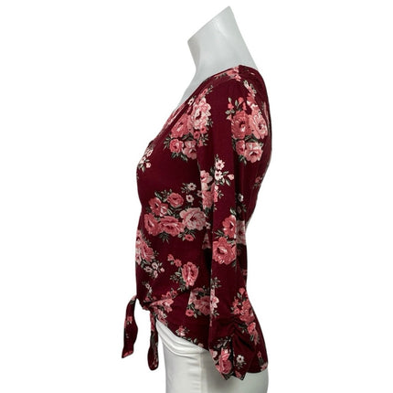 No Boundaries Burgundy Red Vneck Floral 3/4 Sleeve Faux Button Tie Blouse Top XS