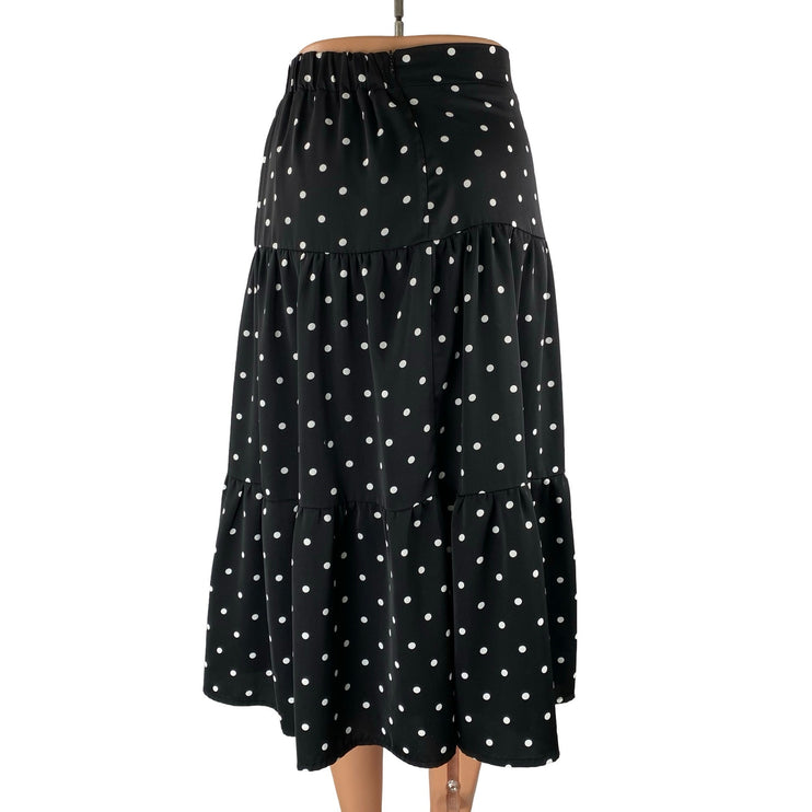 Commense Black Polka Dots High Waist Pull On A Line Tiered Midi Skirt Size XS