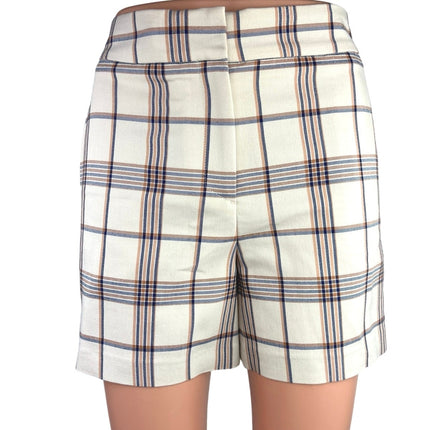 NEW Maje Izore White Blue Plaid Checkered High Waist Pockets Casual Shorts Sz 34