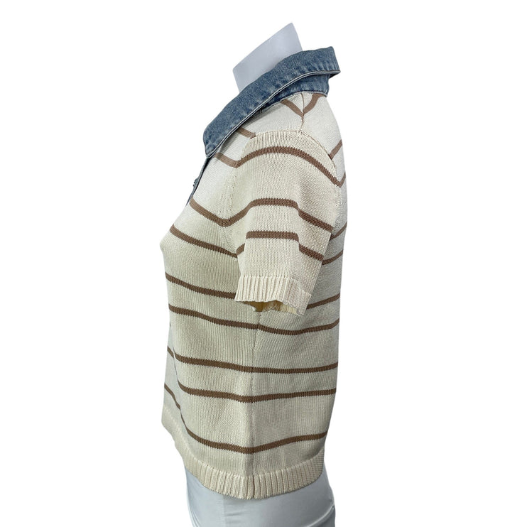 Olivaceous Gypsy and Gold Cream Striped Short Sleeve Collared Polo Shirt Top M