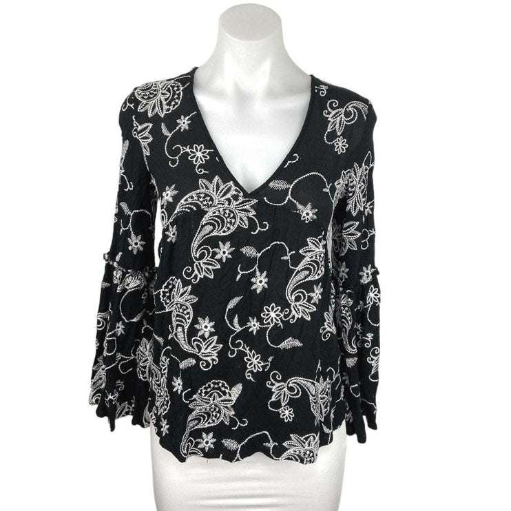 Altar'd State Black White V Neck Floral Tie Back Bell Sleeve Blouse Top Size XS