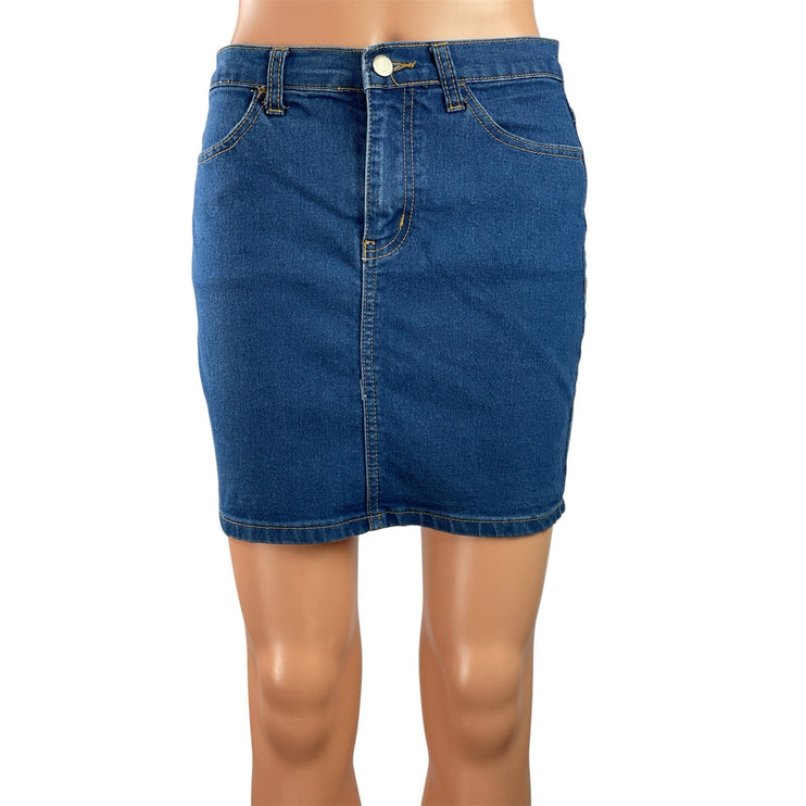 FOREVER 21 Women's Blue Denim Medium Wash Pocket Mini Straight Pencil Skirts S