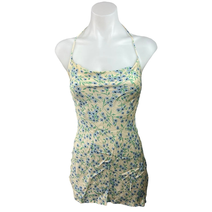 Zara Yellow Blue Floral Cowl Neck Halter Strap Summer Mini Bodycon Dress Size XS