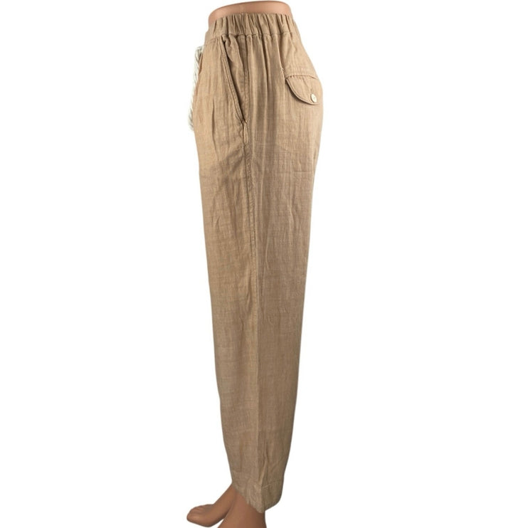 Free People Women's Tan Linen Elastic High Waist Crop Tapered Trousers Pants XS