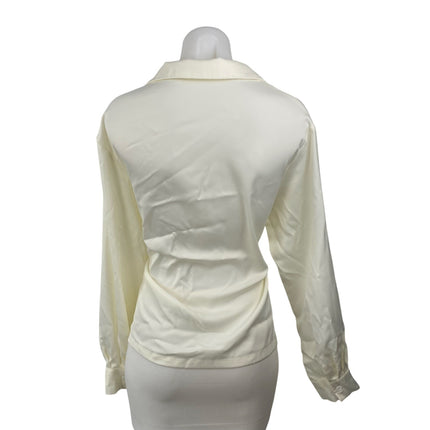 Commense Women's White Satin Long Sleeve Tie Front Shirt Tunic Wrap Blouse Top S