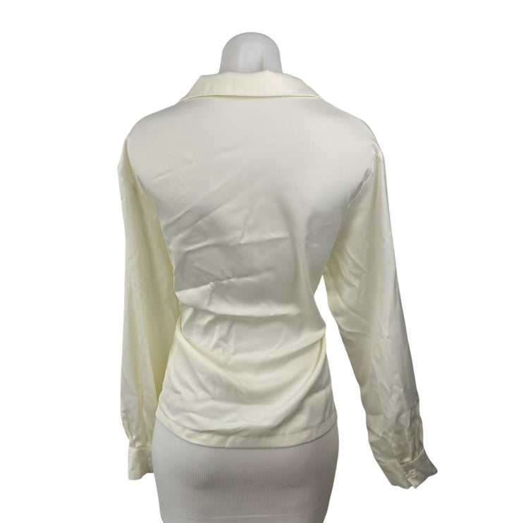Commense Women's White Satin Long Sleeve Tie Front Shirt Tunic Wrap Blouse Top S