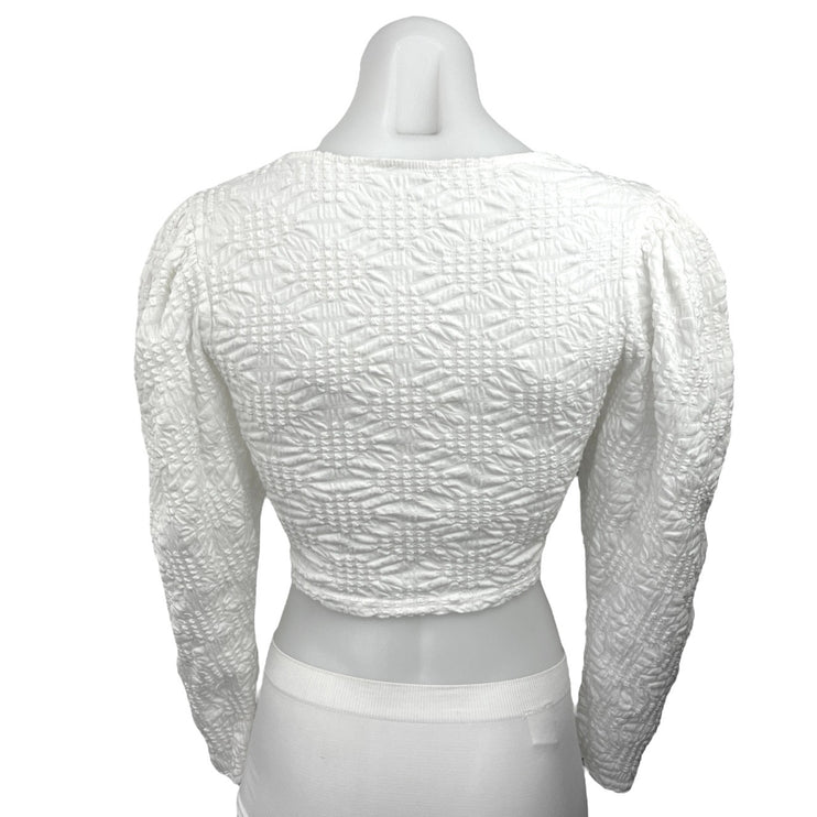 Zara White Textured Ruched Deep V Neck Long Puff Sleeve Crop Blouse Top Size S