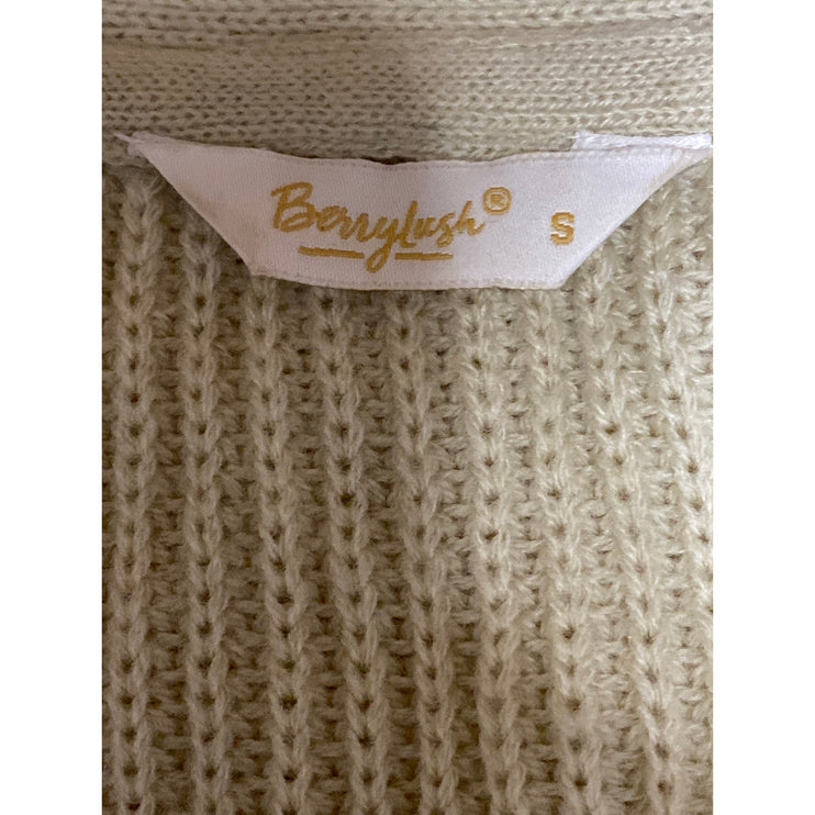 Berrylush Women's Cream Yellow Rubbed Knit Faux Wrap Long Sleeve Sweater Top S