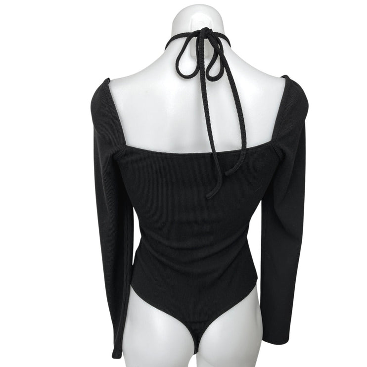 ASTR The Label Black Ribbed Halter Tie Cutout Long Sleeve Thong Bodysuit Top S