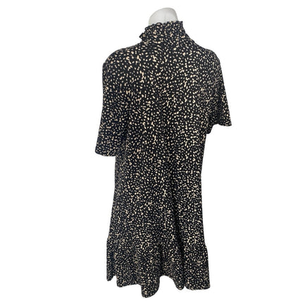 Zara Black White Short Sleeve Ruffle Abstract Turtleneck Mini Shift Dress Size M