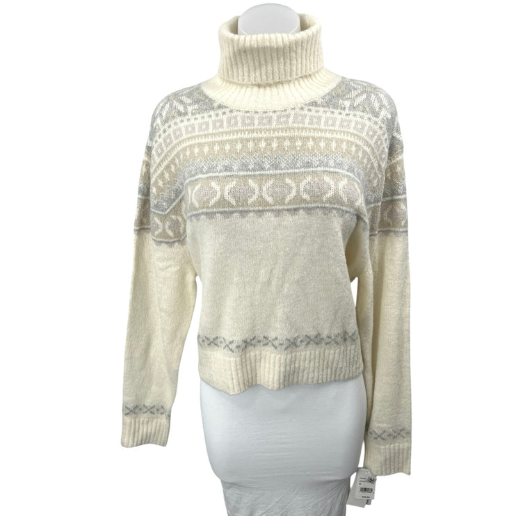 NEW French Connection Cream Gray Fair Isle Long Sleeve Turtleneck Sweater Top M