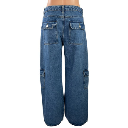 Edikted Women's Blue High Rise Baggy Wide Leg Cargo Denim Jeans Pants Size M