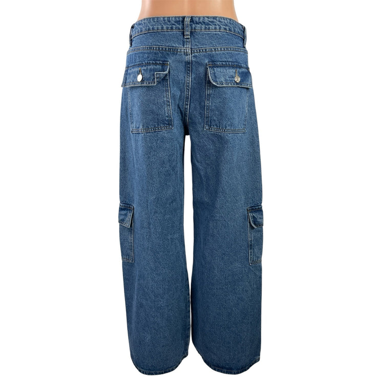 Edikted Women's Blue High Rise Baggy Wide Leg Cargo Denim Jeans Pants Size M