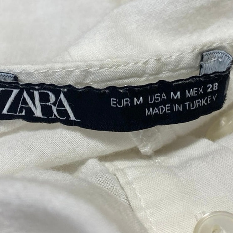 Zara White Floral Embroidered Eyelet Long Bell Sleeve Henley Shirt Blouse Top M