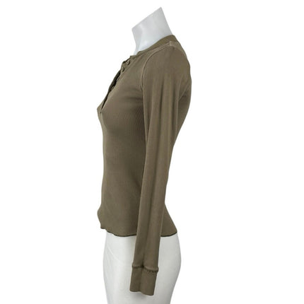 Skims Olive Green Ribbed Knit Sculpt Long Sleeve Henley T Shirt Tee Top Size XS