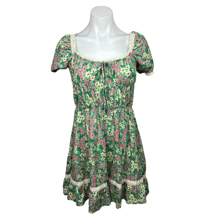 Urban Outfitters NWT Green Lace Trim Floral Scoop Puff Sleeve Mini Dress Size XS