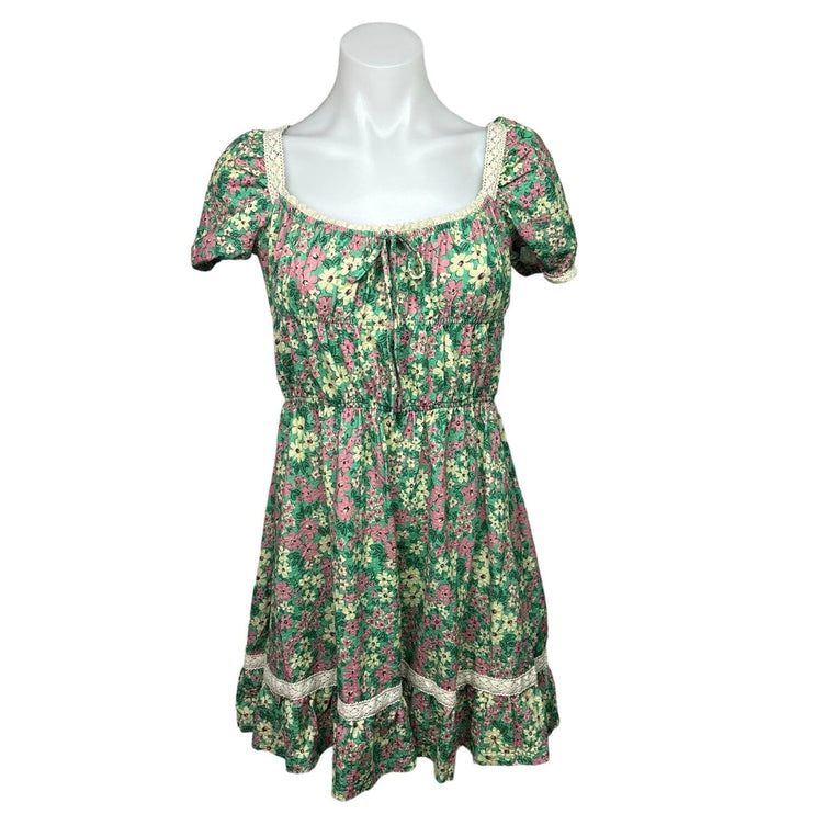 Urban Outfitters NWT Green Lace Trim Floral Scoop Puff Sleeve Mini Dress Size XS