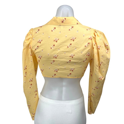 WeWoreWhat Yellow Floral Long Sleeve Tie Knot Collared Polo Shirt Crop Top Sz S
