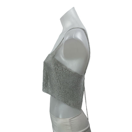 Women's Silver Rhinestone Beaded Sparkly Metallic Sleeveless Crop Top Size S