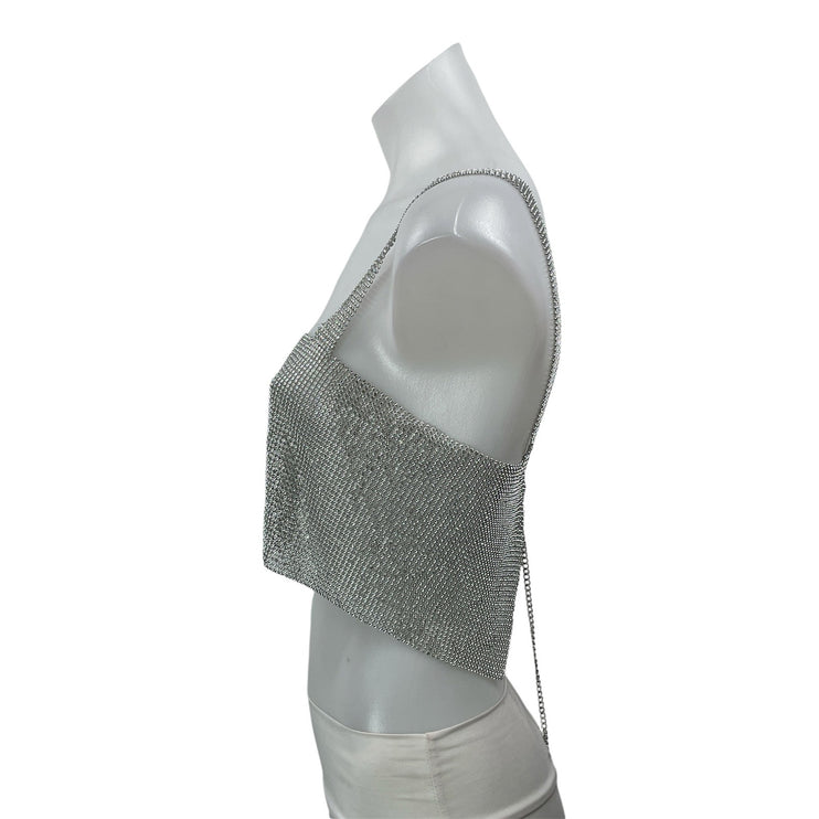 Women's Silver Rhinestone Beaded Sparkly Metallic Sleeveless Crop Top Size S