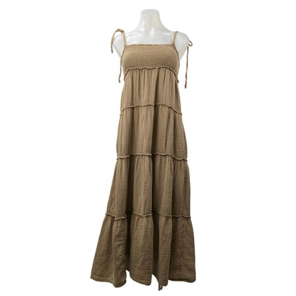 Collusion Women's Brown Tan Smocked Sleeveless Cami Tiered Sundress Maxi Dress 2
