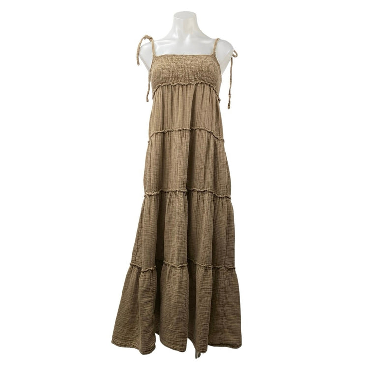 Collusion Women's Brown Tan Smocked Sleeveless Cami Tiered Sundress Maxi Dress 2