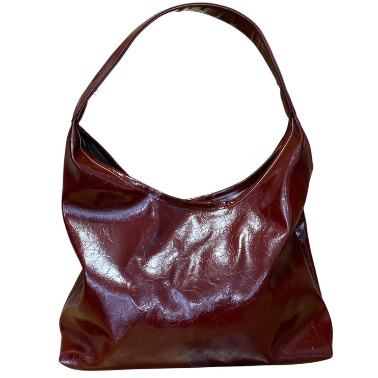 Women's Wine Red Patent Faux Leather Vegan Hobo Y2k Tote Shoulder Handbag OS