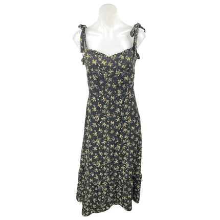 opt midi dress O.P.T Black Yellow Floral Sleeveless Tie Strap Cami Tank Midi A Line Dress Sz L