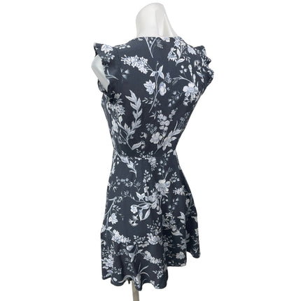 Ann Taylor LOFT Women's Black Gray Floral Ruffle Button Up Mini A Line Dress 0