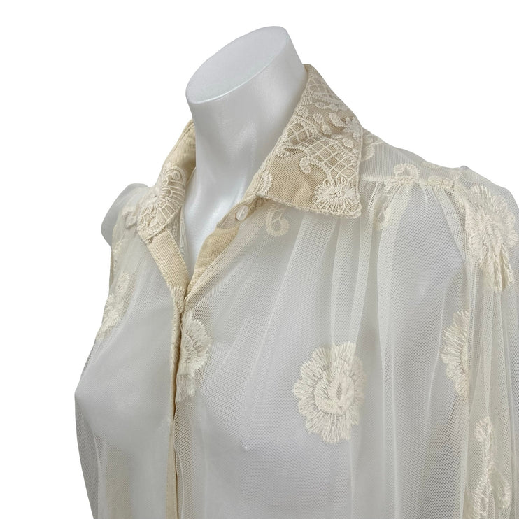 Navy Cream Floral Lace Mesh Sheer Long Puff Sleeve Button Down Shirt Dress OS