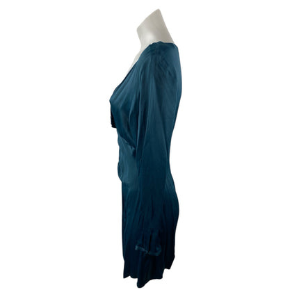 Zara Green Silky Satin Ruched V Neck Long Sleeve Mini Flare A-Line Dress Size M