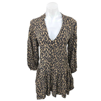 ZARA Black Tan Animal Print V-Neck Balloon Sleeve Flounce Hem Mini Shift Dress M