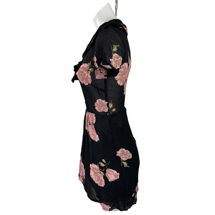 Reformation Fraser Black Floral Short Sleeves Tie Neck Button Up Mini Dress Sz 2